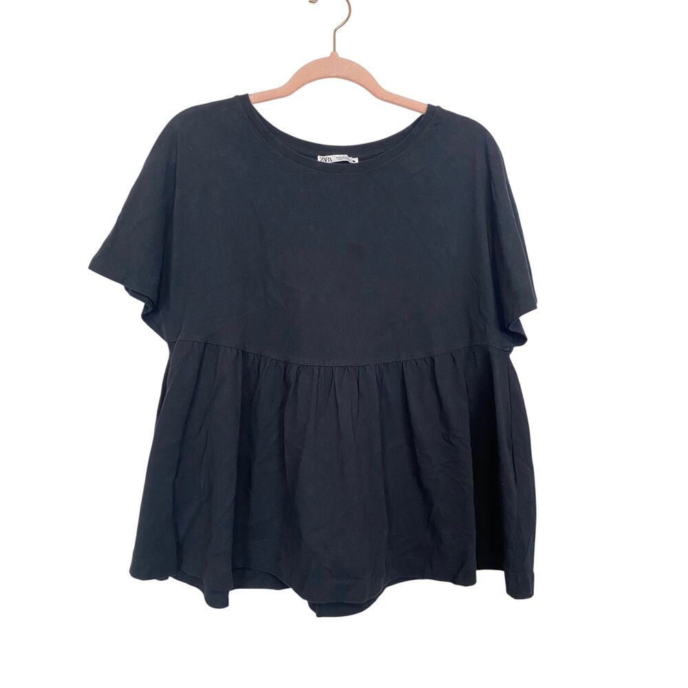 ZARA Women Blouse Top Black Boat Neck Cotton Size M